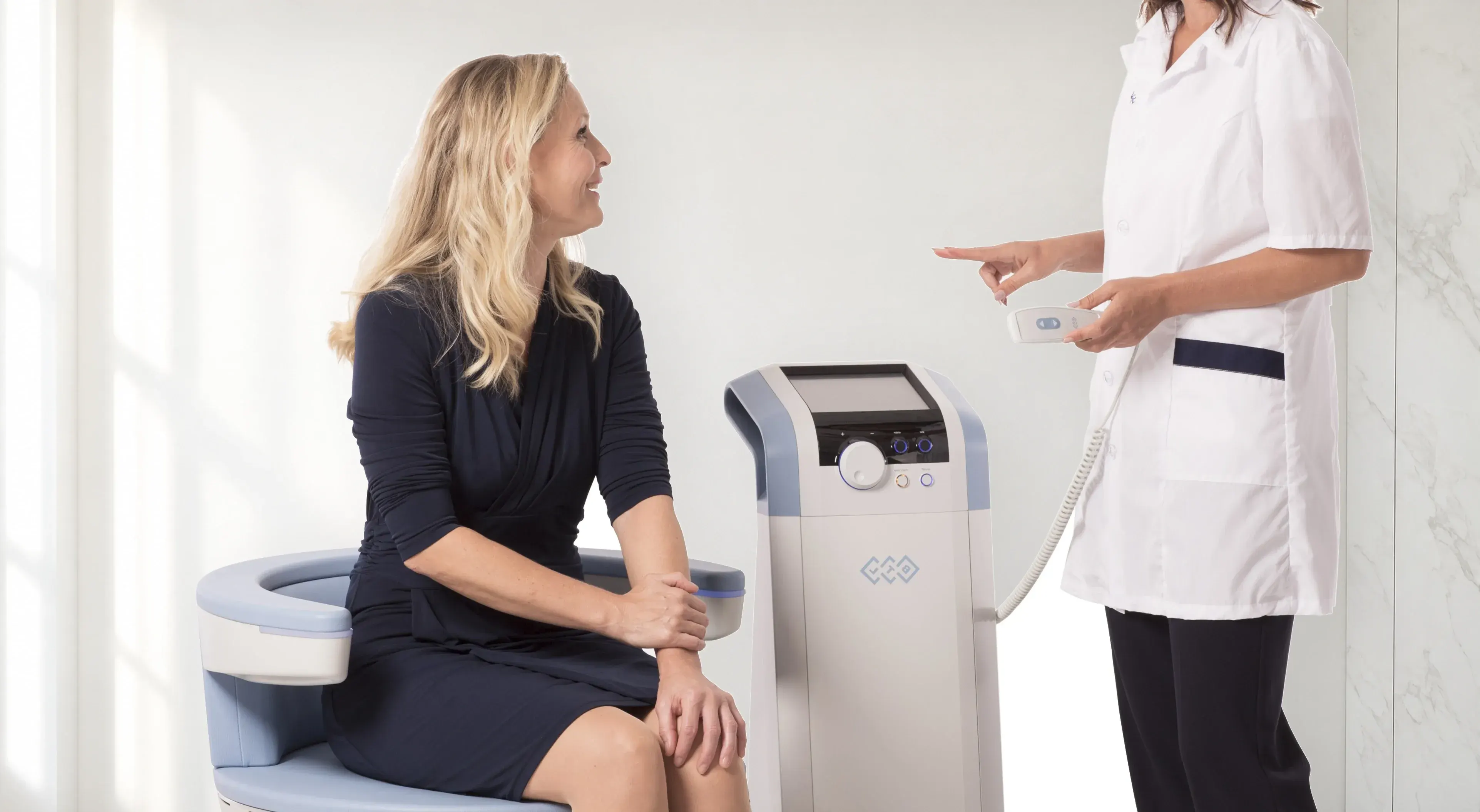 Patient receiving pelvic floor therapy with Emsella in Ocala, FL at Chandra Wellness Center